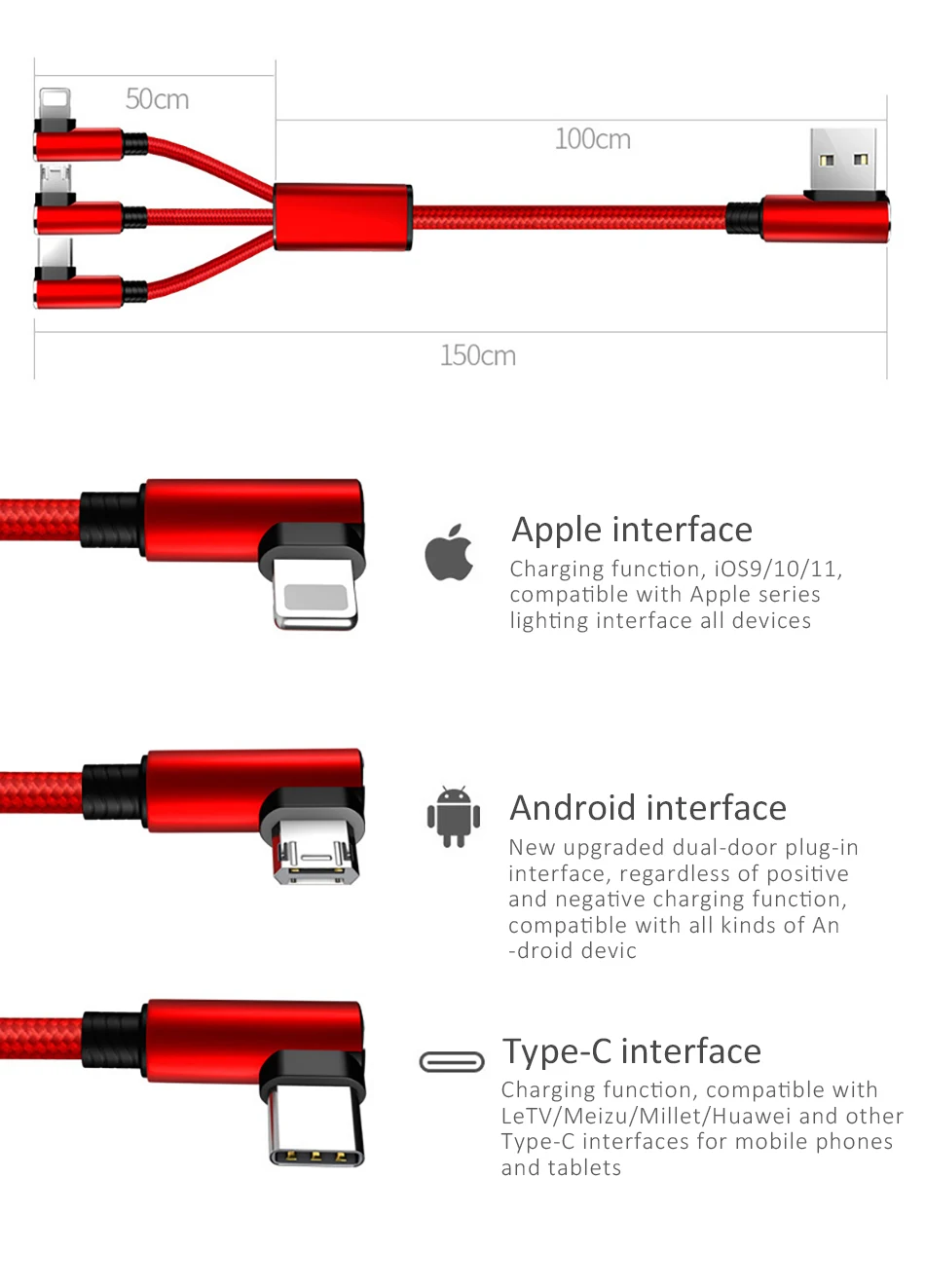 Elbow 3 in 1 Micro USB Type-C Lighting Charger Cable 8 Pin For iPhone X 7 8 Plus For Sony Samsung Long Charge Cables 1 (3)