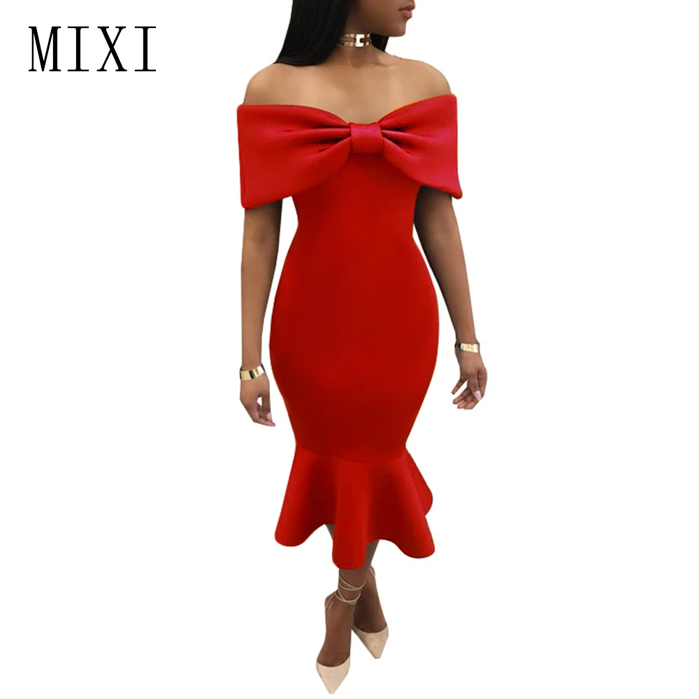 MIXI Vestidos, элегантное женское платье для вечеринки, синее, красное, черное, бант, накидка с открытыми плечами, платье русалки, винтажное, с оборками, облегающее платье