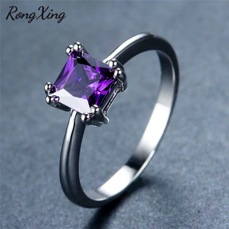 

RongXing Princess Cut Multicolor Birthstone Rings For Women Vintage Fashion 925 Sterling Silver Filled Square Purple Zircon Ring