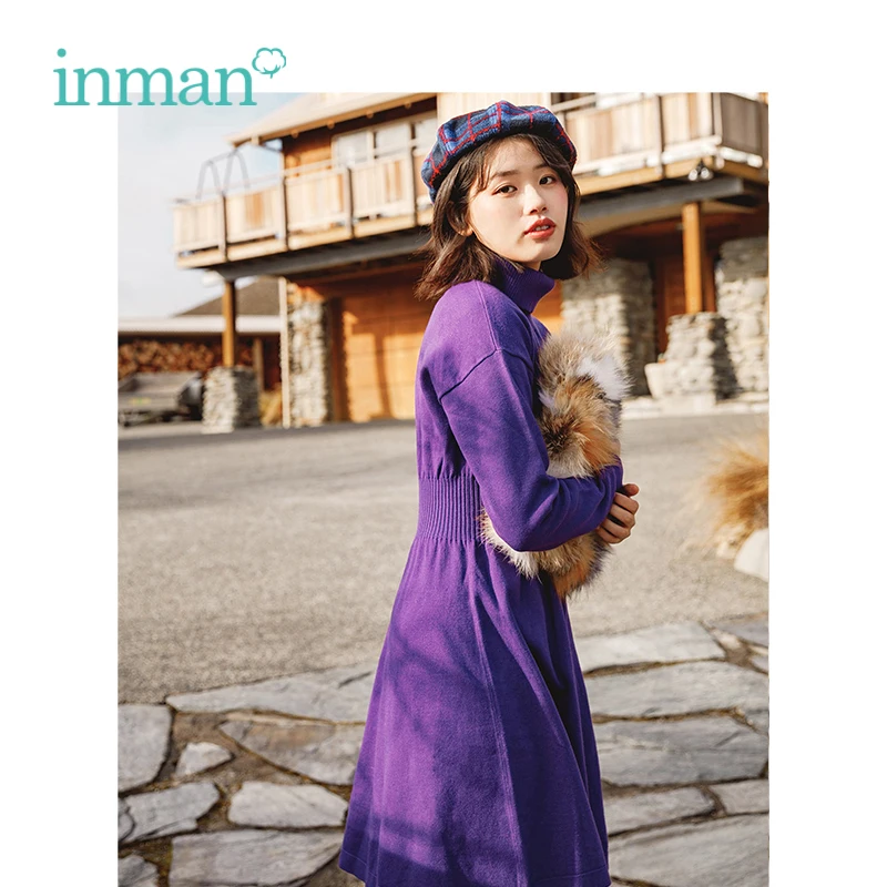 

INMAN Winter New Arrival Female Princess Style Off The Shoulder Waist Slim Wool Dress