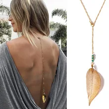 Sale Women Long Necklace Body Sexy Chain Bare Back Gold Silver Leaf Crystal Pendant Chain Necklace Backdrop Beach Body jewelry faux crystal leaf floral body chain