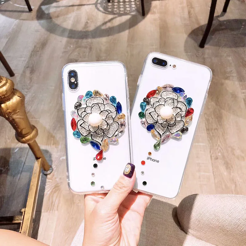 

Luxury 3D Diamond Camellia Flower Case for iPhone X 10 Transparent Hard Capa Fundas for iPhone 7 8 6 6S Bling Rhinestone Cover