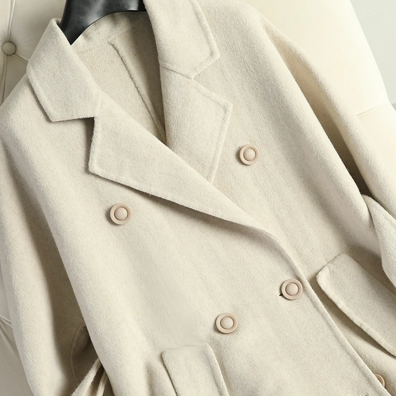 Кашемировое пальто двустороннее шерстяное пальто средней длины сезонный костюм с зауженным воротником в Корейском стиле бежевое пальто