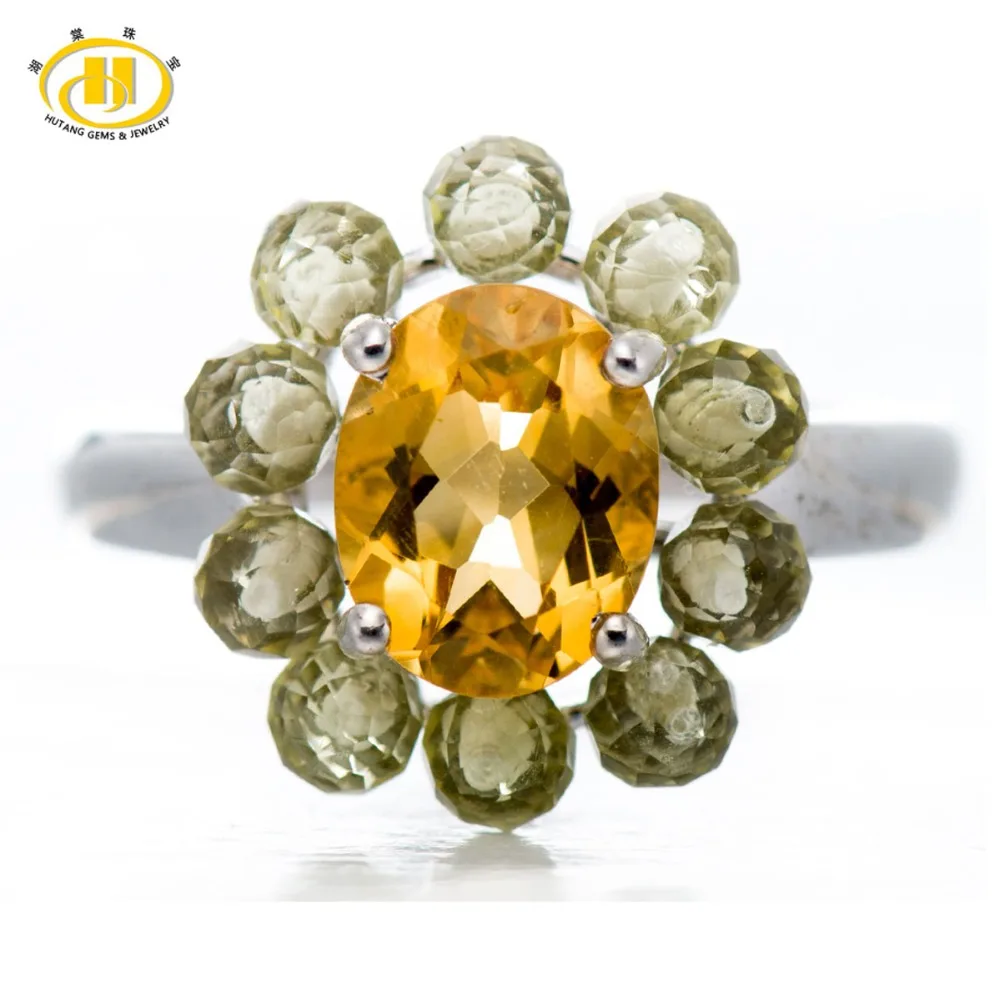 

Hutang 3.2Ct Natural Citrine & Lemon Quartz Gemstone Solid 925 Sterling Silver Flower Ring for Women Fine Jewelry Unique Design