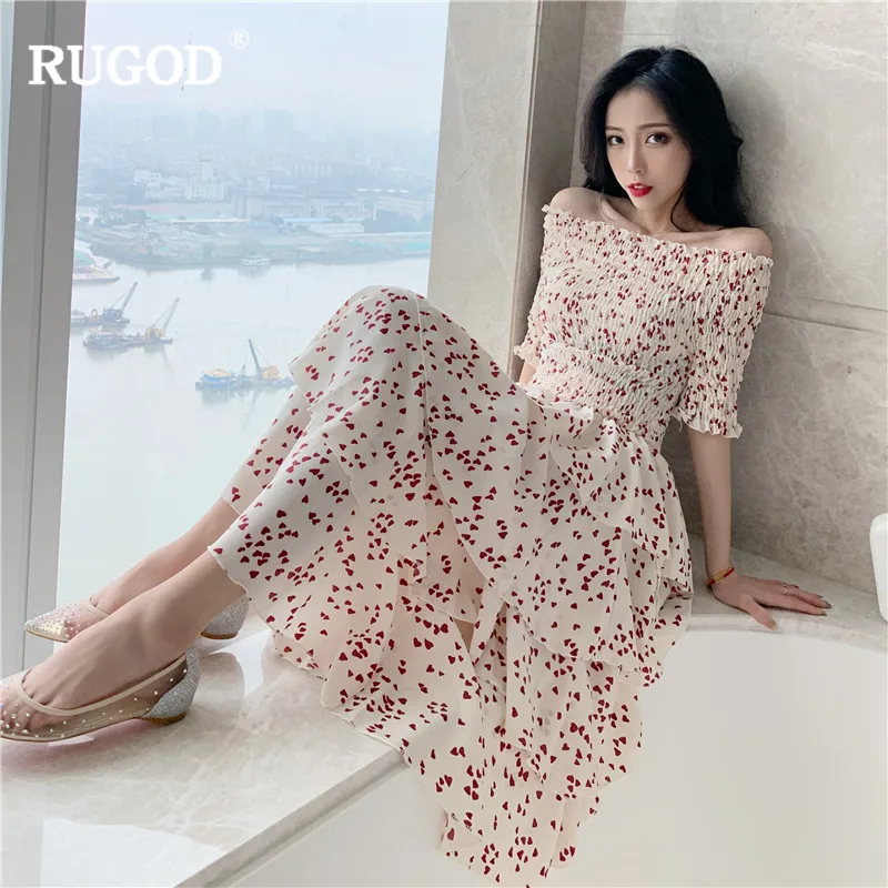 RUGOD 2019 رصدت النساء اللباس منتصف العجل أنيقة القطع الرقبة قبالة الكتف المتتالية الكشكشة موديس فام vestido فيرانو sukienki