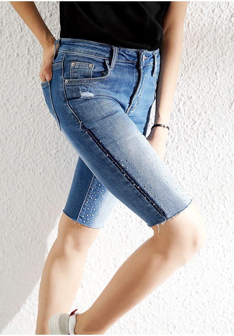 Rhinestone Mom Jeans Boyfriend Ripped Jeans for Women Slim Sexy Pants Clubwear Street Style Skinny Shorts Woman Distressed Jeans