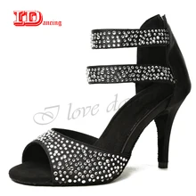 Черная обувь для женщин; женские Вечерние туфли на квадратном каблуке для сальсы; обувь для латинских танцев; стразы на молнии; JuseDanc