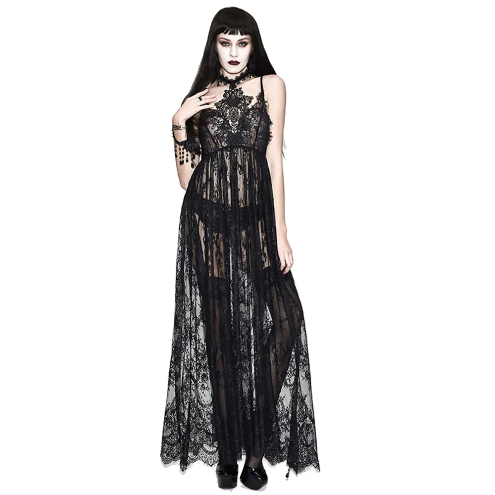 

Eva Lady Gothic Sexy Dresses for Women See Through Halter Black Lace Sleeveless Long Dress Performance Stage Party Dress Trendy