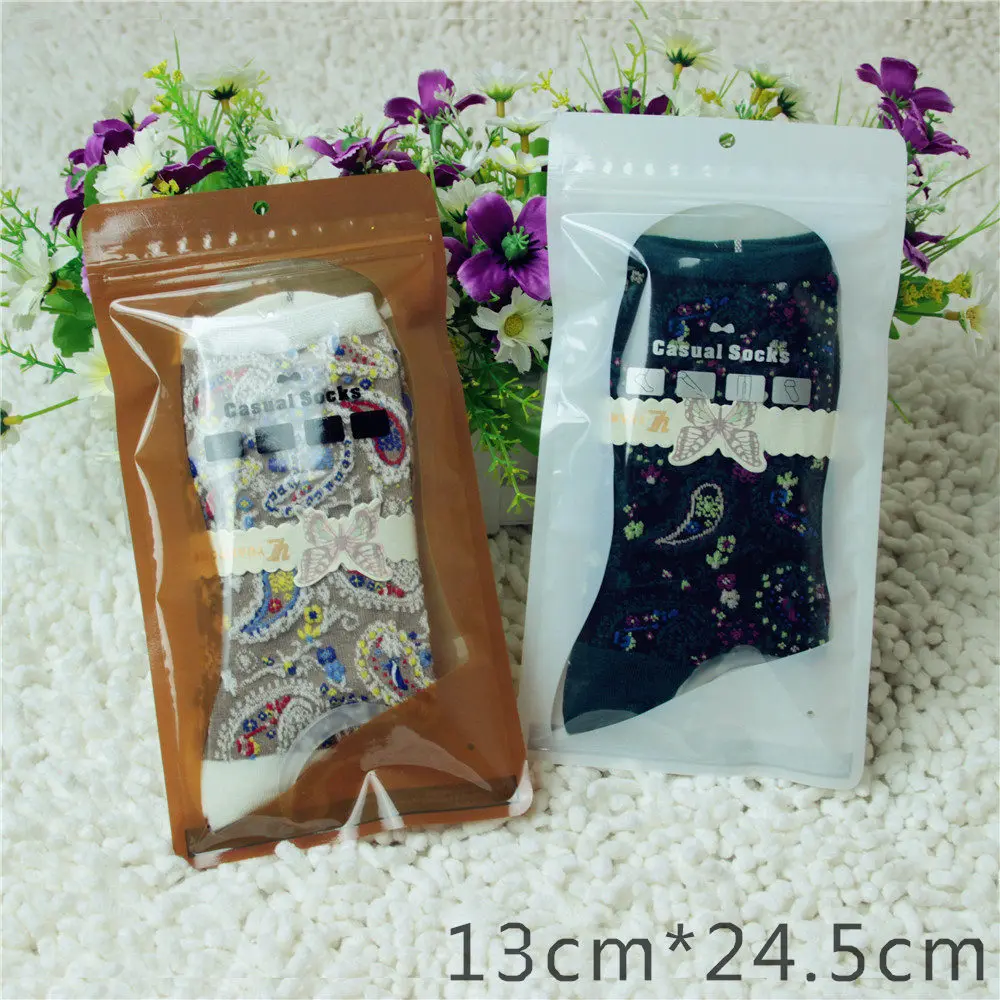 

100pcs High quality Coffee White / Clear Self Seal Zipper Plastic Retail Packaging Socks Poly Bag Zip lock Package Hang Hole