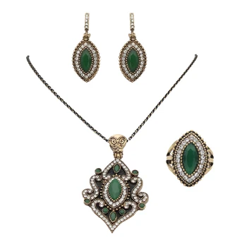 

Vintage Turkish Jewelry Sets Women Earring&Necklace&Ring Antique Gold Color Colorful Crystal Floral Design India Wedding Bijoux