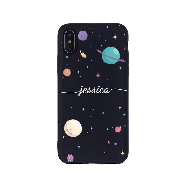 

Custom Personalised Outer Space Moon Stars Girl Name Monogram Mobile Phone Black Case For iPhone XS Max XR X 7Plus 8Plus