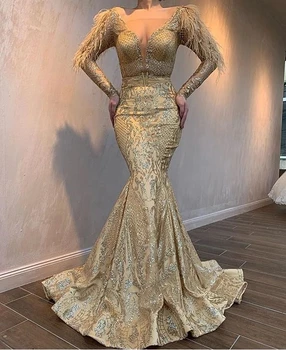 

2019 Luxury Gold Mermaid Evening Gowns Long Sleeve Feather Lace Beading Glitter Dubai Women Formal Prom Dresses Party Wear