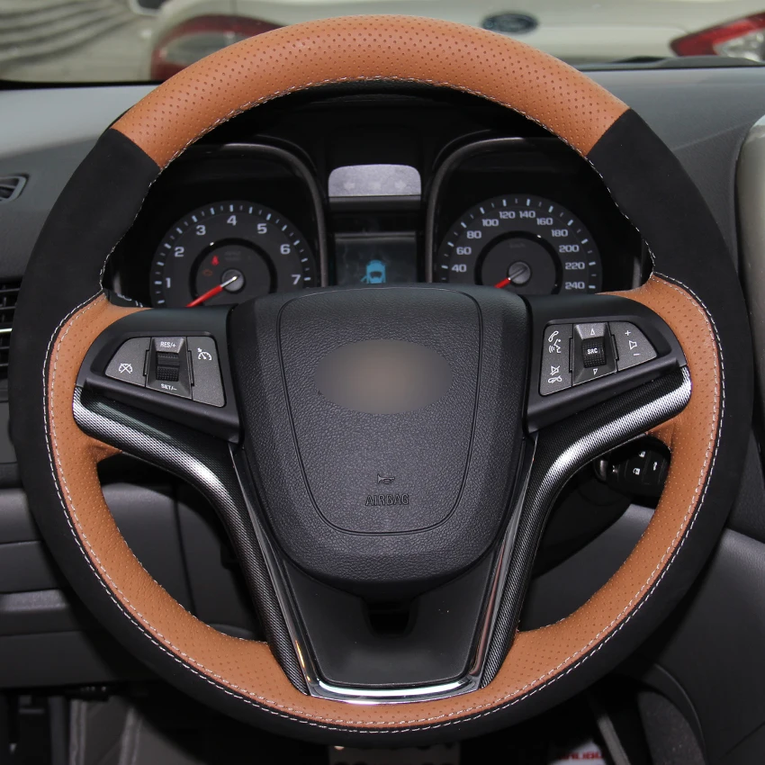 Brown Natural Leather Black Suede Car Steering Wheel Cover for Chevrolet Malibu 2011 2014 Volt