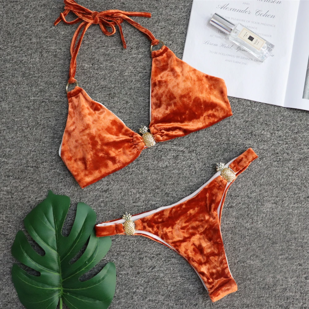 

2018 Hot Design Gold Velvet With crystal diamond Metal decoration Bikini Swim Bathing Suits Maillot De Bain Swimsuit Swimwear