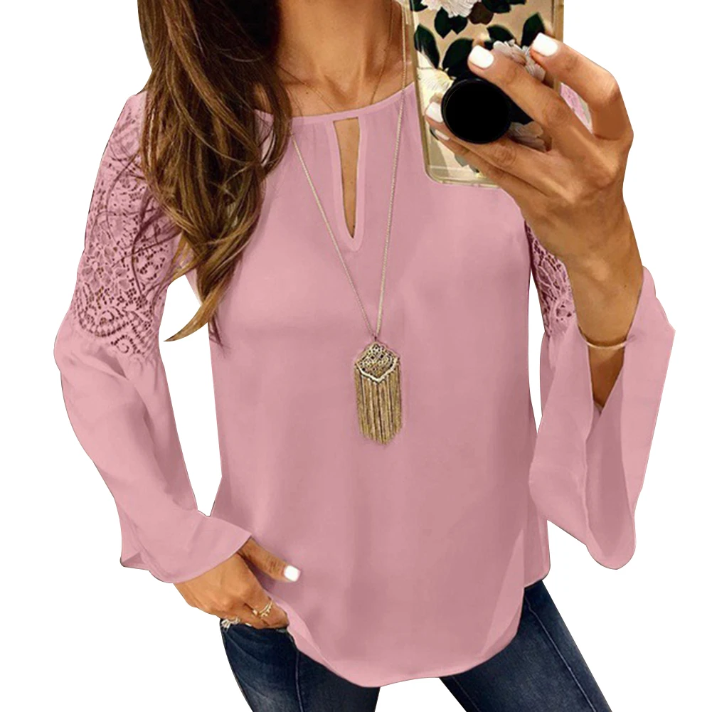 النساء بلون جوفاء الدانتيل خياطة جولة الرقبة قميص عارضة الخريف زائد حجم مضيئة كم بلوزة شيفون السيدات قمم النساء بلون جوفاء الدانتيل خياطة جولة الرقبة قميص عارضة الخريف زائد حجم مضيئة كم بلوزة شيفون السيدات قمم