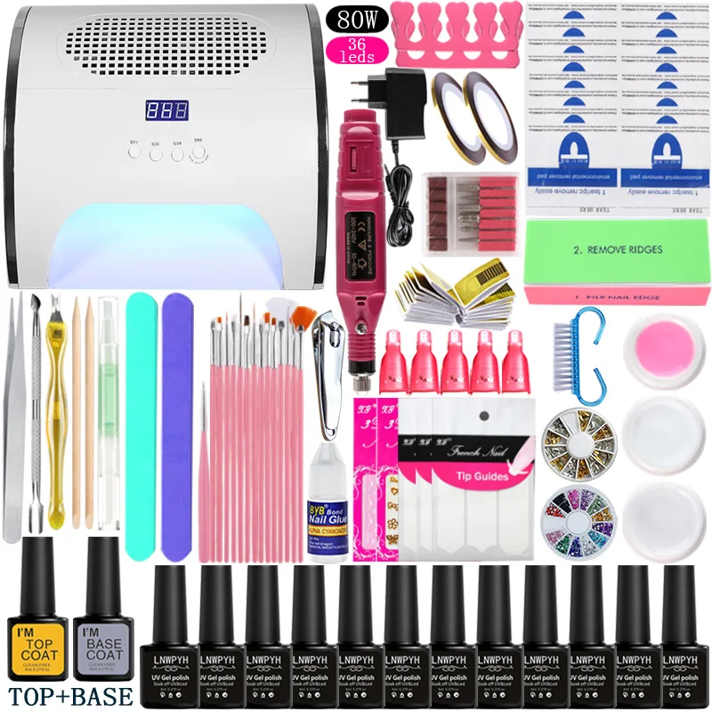 

Nail Set Manicure Pedicure Tools Set 12 Colors UV Gel Nail Art Tools 80W UV LED Lamp Dryer + Art Salon Suction Dust Collector