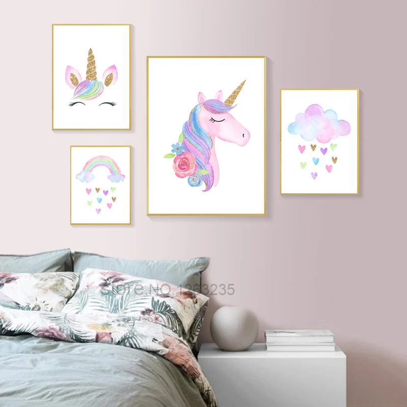 Rainbow Baby Girl  Room  Unicorn Posters  Wall Art Canvas 