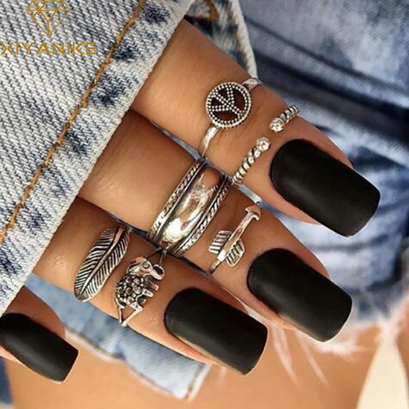 

XIYANIKE Bohemian 6pcs/Set Vintage Elephant Leaves Peace Knuckle Midi Rings Sets for Women Boho Jewelry Gift Anillos Mujer R151