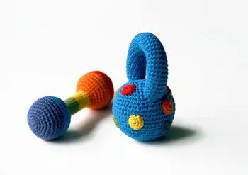 

Crocheted Dumbbell toy and fitness rainbow colors Crocheted baby Rattle