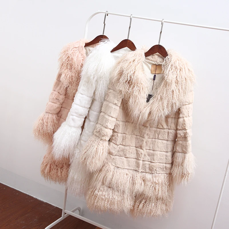 

New real Rabbit fur coat women full pelt rabbit fur jacket with lamb fur hem long winter fur coat customized plus size F1018