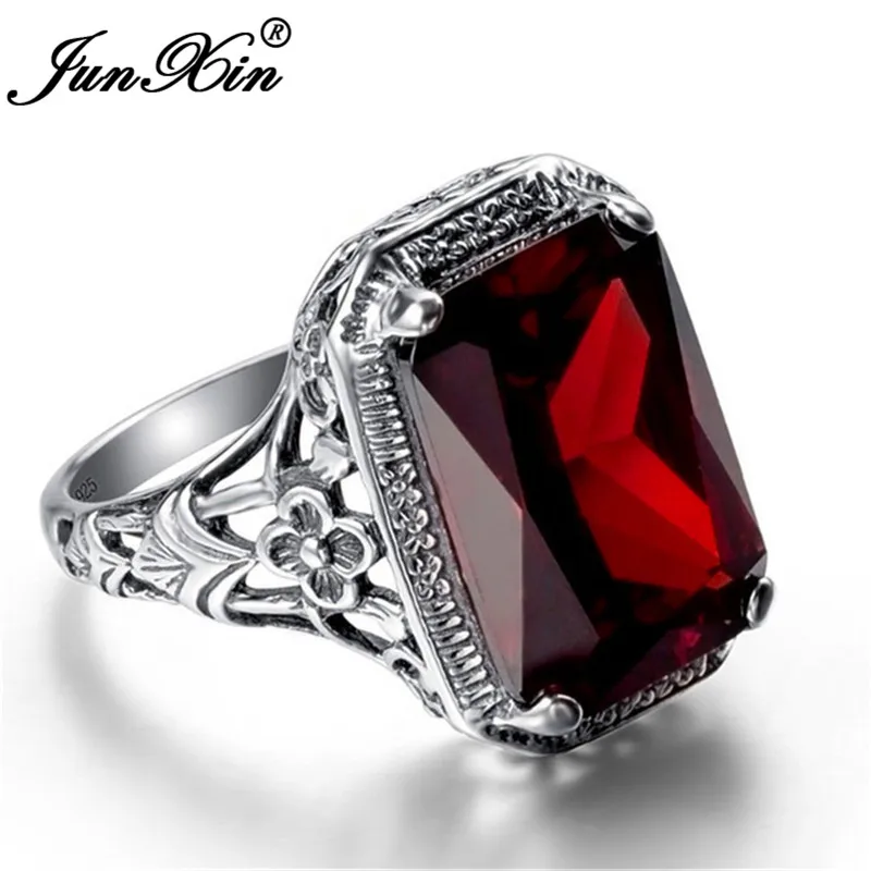 JUNXIN Anitique 925 Sterling Silver Filled Red Stone Rectangle Big Rings For Women Men Vintage Zircon Charm Wedding Bands Gifts