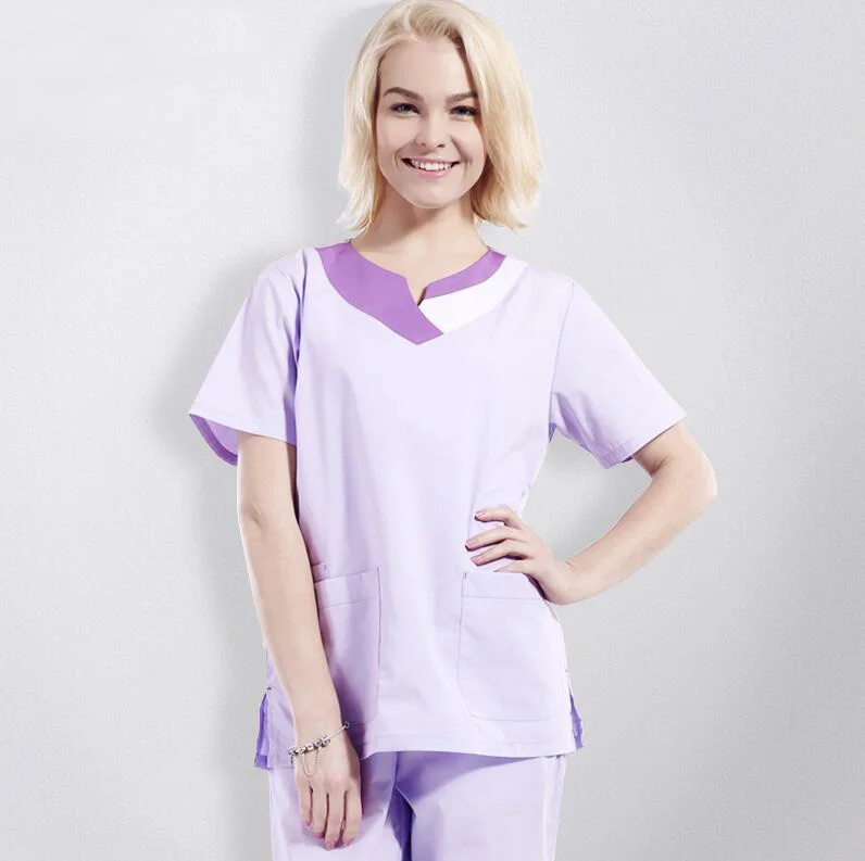 Синяя Больничная хирургическая форма с короткими рукавами для медсестры, для мужчин и женщин, с v-образным вырезом, дышащие топы, штаны, медицинский комплект для скрабов - Цвет: Purple