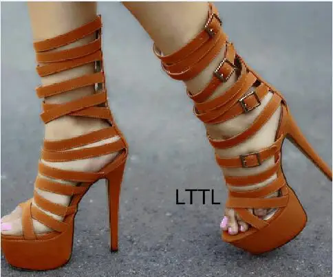 

Women Chic Brown Peep Toe Summer Platform Booties Stylish Strap Buckles Decoration Stiletto High Heel Sandals