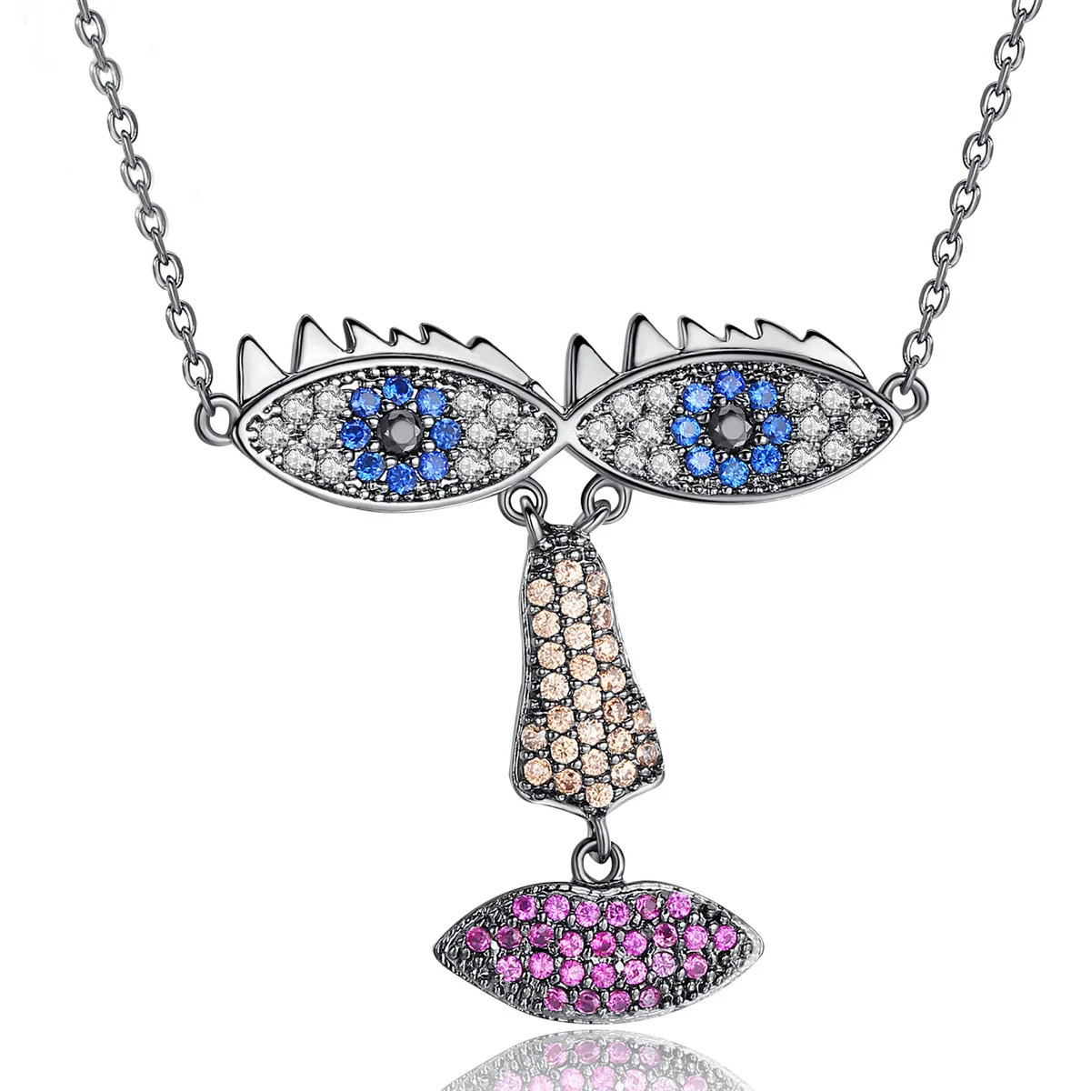 

2019 Newl Cubic Zirconia Evil Eys Nose Lips Face Pendant Necklace For Women Gold Silver GunBlack Chain Statement Necklace