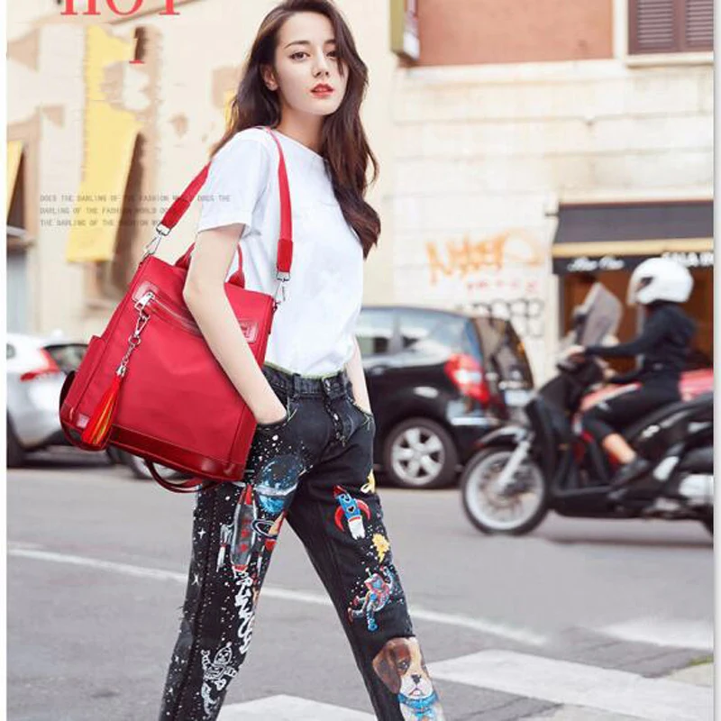 

Backpack Women Nylon Material Black/Red Color School Bag For Teenagers Women's Travel Bags Mochilas Rucksack Bagpack With Tassel