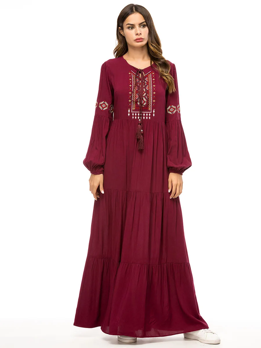 Богемное мексиканское абайя женское элегантное платье повседневное с длинным рукавом кисточка Вышивка мусульманское Макси платье