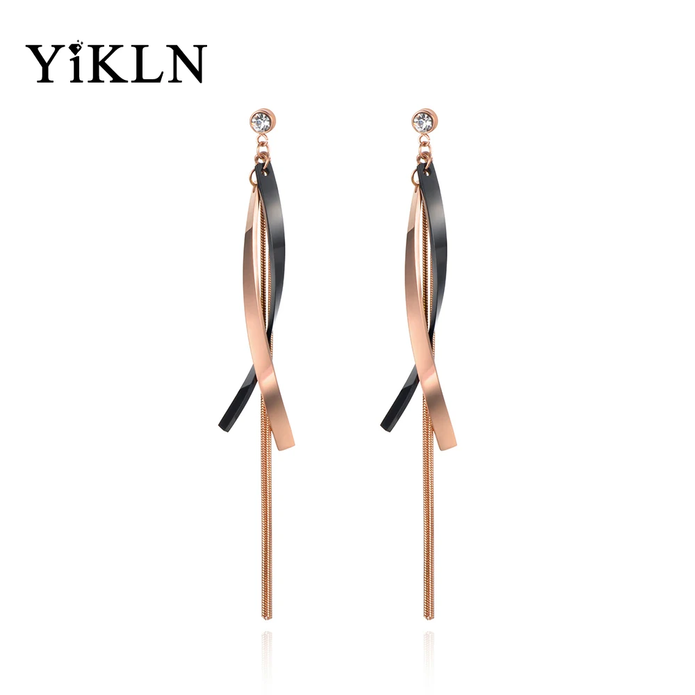 

YiKLN Trendy Titanium Steel Bending Geometric Tassel Earrings Jewelry CZ Crystal Rose Gold Color Stud Earrings For Women YE18028
