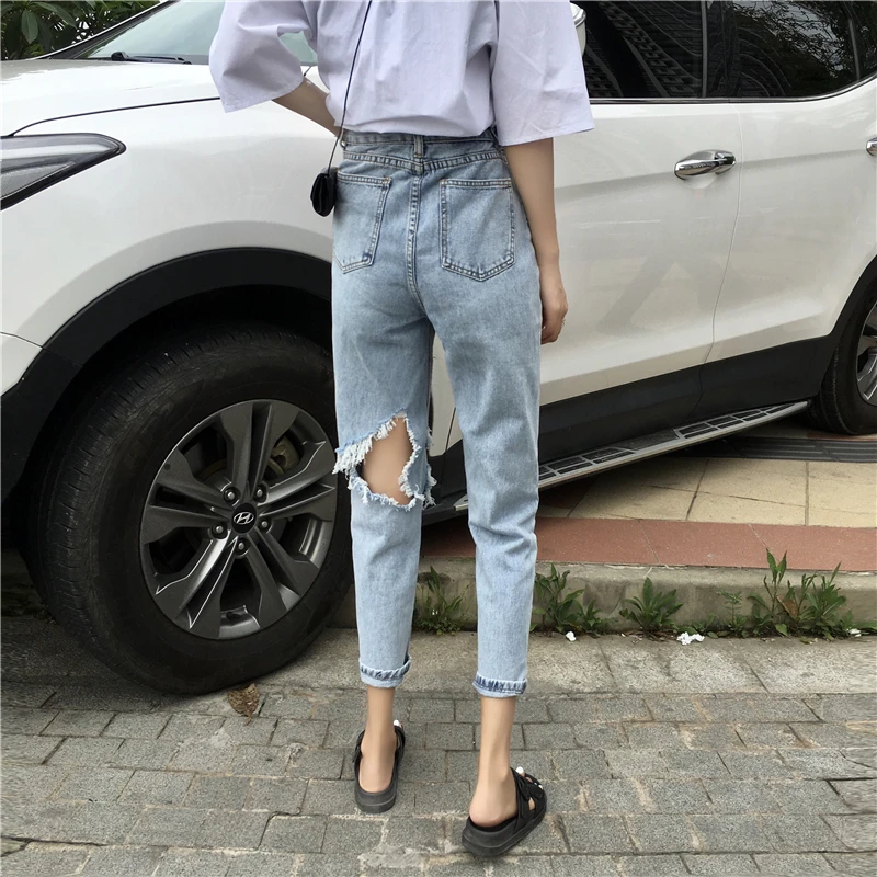 HziriP Корея 2019 новые джинсы с прорехами Для женщин модные женские Высокая Талия Свободные высококачественные стильные ботильоны-Длина