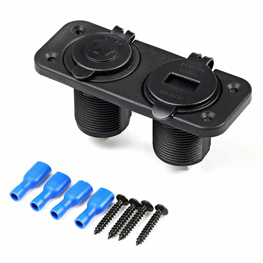 

C933 - Z 12 - 24V Marine Socket Vehicle Power Plug Voltmeter Cigarette Lighter Double Hole Panel Round Dual USB Water Resistant