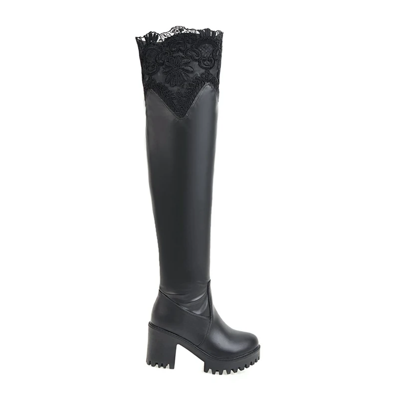 Girseaby/ осень-зима длинные кружевные сапоги Женские ботинки на платформе Сапоги выше колена коренастый сапоги черный Размеры 34–45 Botas Mujer F201 - Цвет: Black velvet