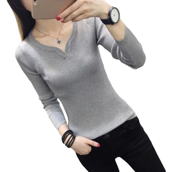 

2018 New Autumn Winter Knitted Sweater Women Slim Sexy V-Neck Pullovers Sweater Solid Color Thin Casual Female Sweater YP1115