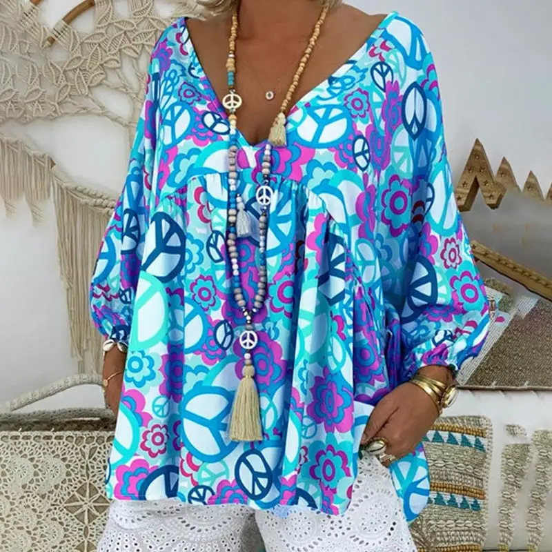 Plus Size 5XL Peace Mark Floral Patchwork Women Tunic 2019 Summer V Neck Ruffles Print Beach Holiday Female Blouses Lady Shirt