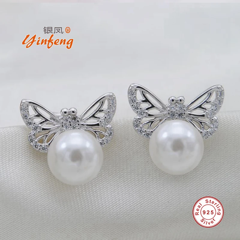 [MeiBaPJ] натуральный пресноводный жемчуг серьги для женщин 925 серебро бабочка серьги гвоздики с AAAA 8-9 мм жемчужные бусины 4 цвета