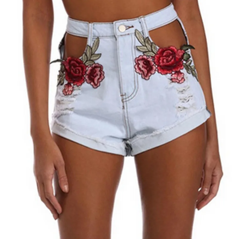 

New Fashion Sexy Women Jeans Ladies Floral Denim Summer Hollow Out Rose Floral Embroidered Jeans High Wasted Shorts Women Pants