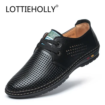 

2018 LOTTIEHOLLY Brand Leather Men Casual Shoes Spring Footwear Men Hollow Walking Shoes Male Comfortable Lace-up Shoes #MS1835