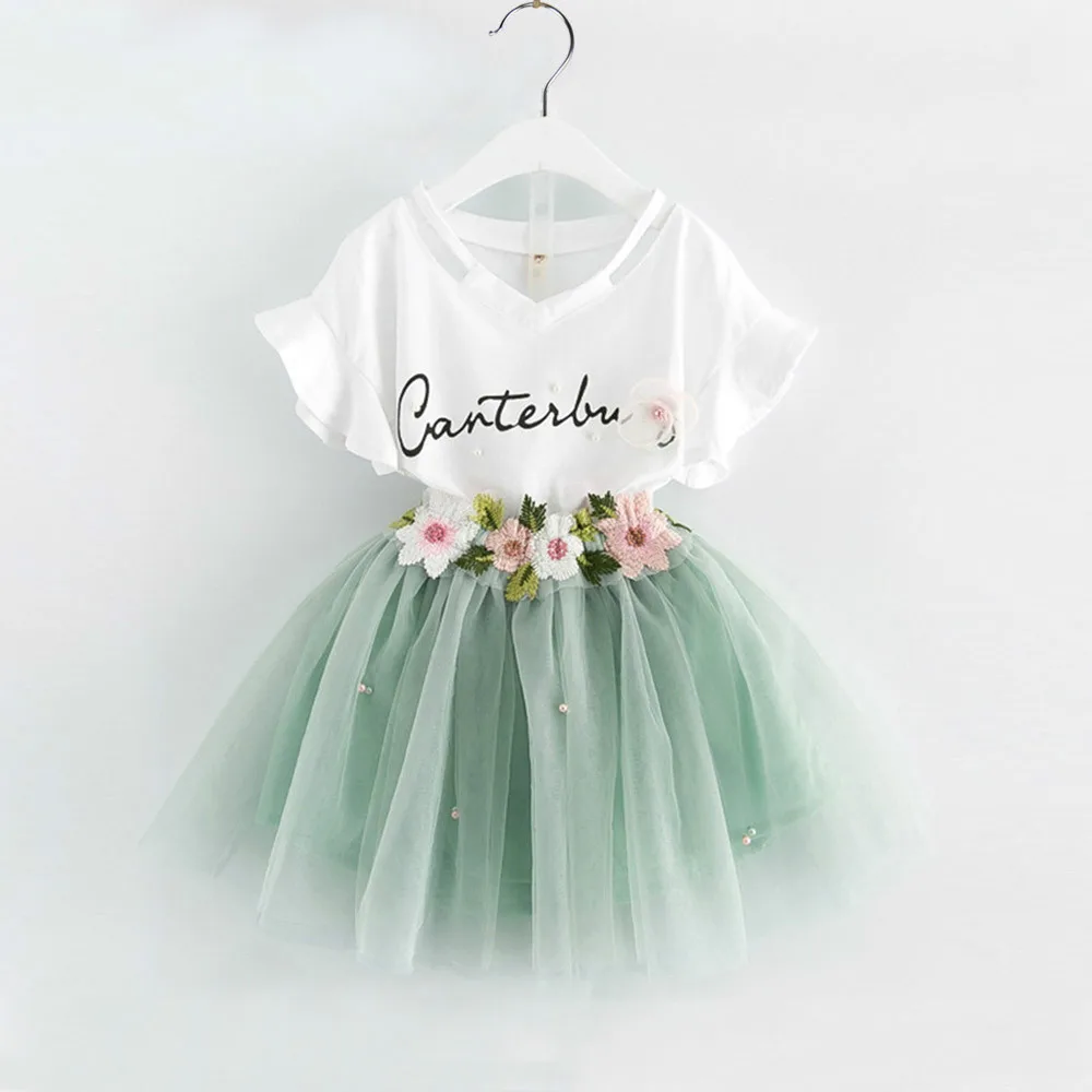 

#K05515 Kids Clothing Sets Flower Tops +skirt 2Pcs Suits