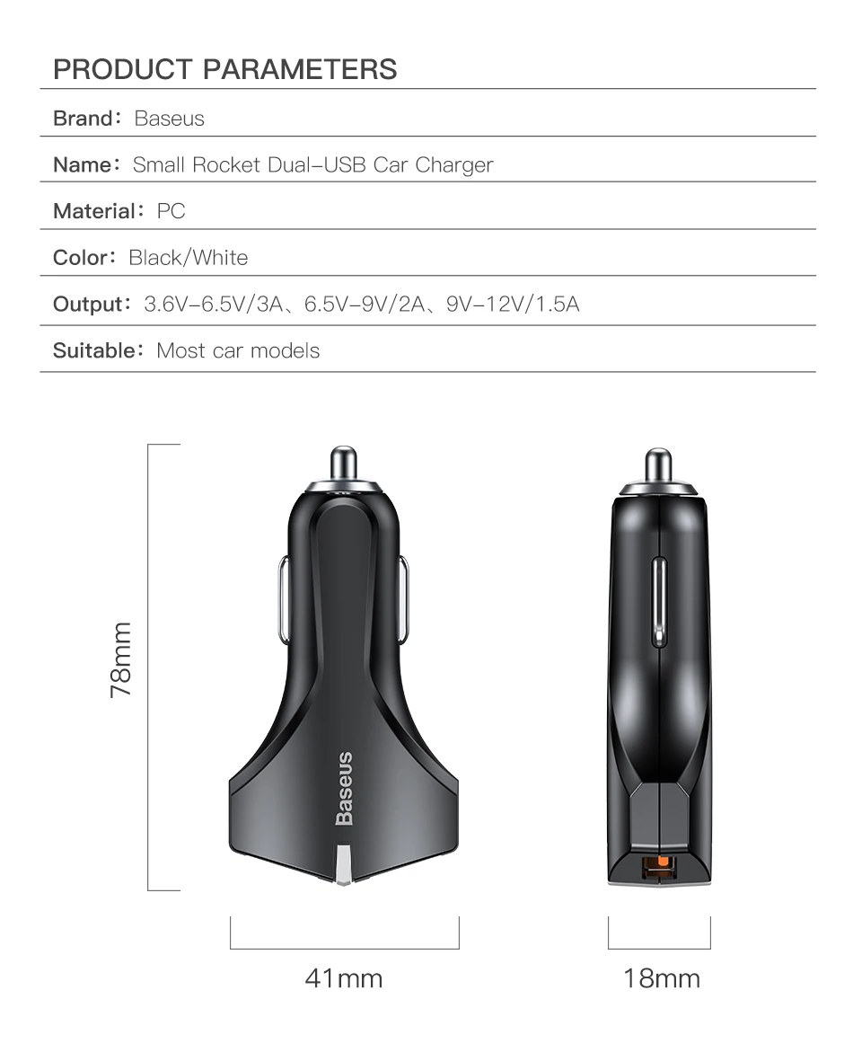 Baseus автомобильное зарядное устройство с двумя USB и быстрой зарядкой 3,0 для samsung Galaxy S8 S9, быстрое автомобильное зарядное устройство для iPhone X 8 7
