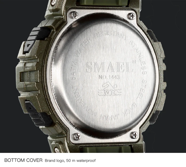 Повседневные мужские часы в стиле милитари, SMAEL, s, устойчивые, круглые, мужские спортивные часы, 1443 светодиодный, цифровой, водонепроницаемый, мужские, Reloj, автоматические, подарочные часы