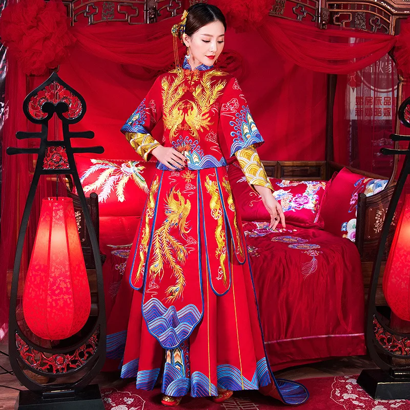 Красное вышитое Феникс Ципао свадебное платье для заморских китайских женщин Vestido Восточный воротник сексуальные длинные Qi Pao вечерние шоу