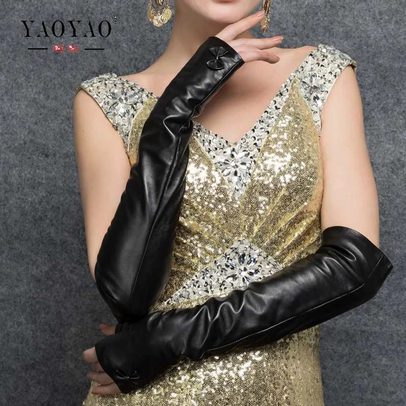 YY8596 Women Suede Genuine Leather Semi Finger 40 cm Long Black Gloves