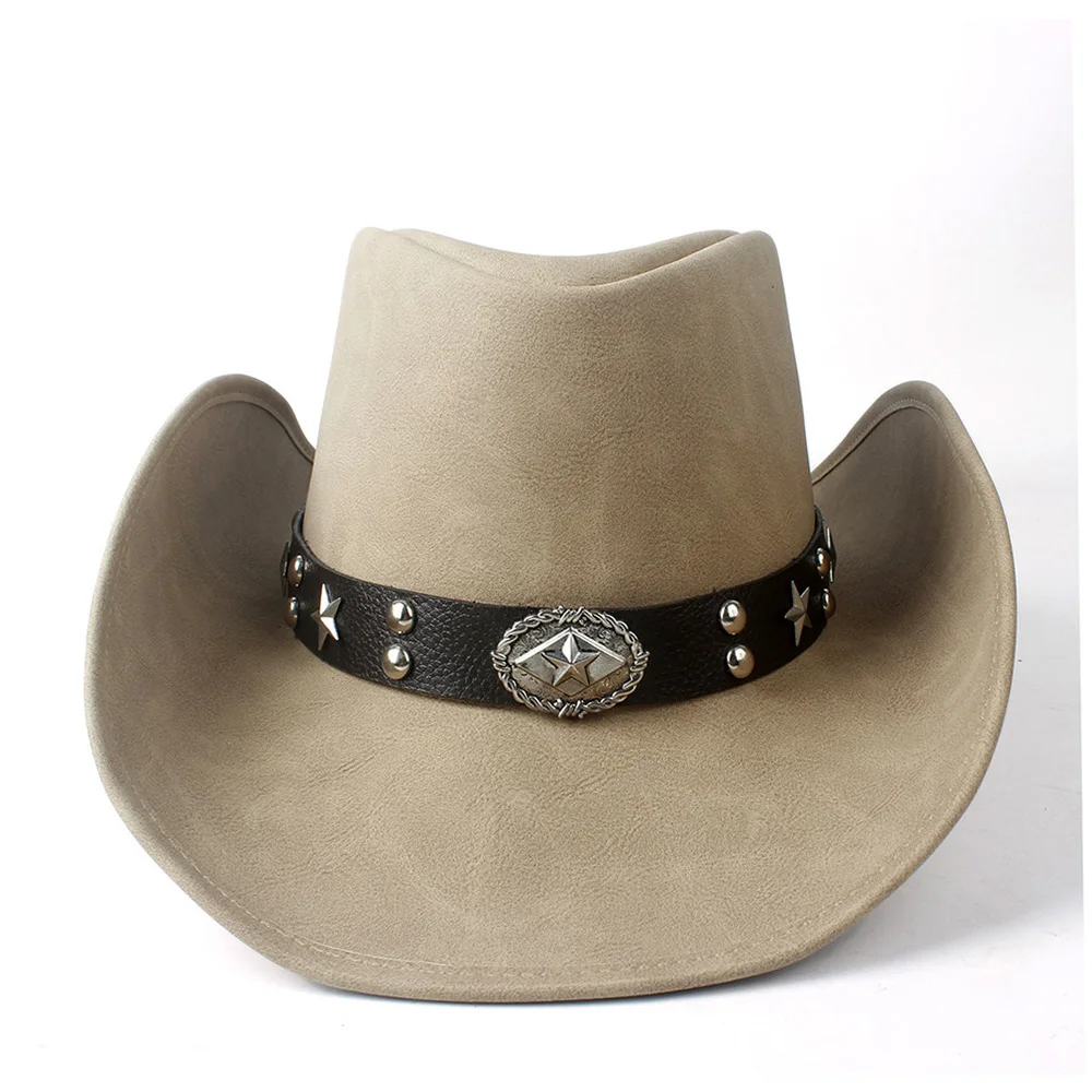 Leather Womem Men Western Cowboy Hat With Wide Brim Punk Belt Cowgirl Jazz Cap With Leather Gentleman Sombrero Cap