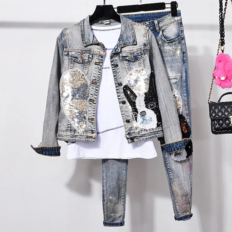 

Women 2 Piece Sets Pattern Casual Jacket Jeans Denim Set Female Single Breasted Sequined Female Denim Sets Women's Jeans Coats