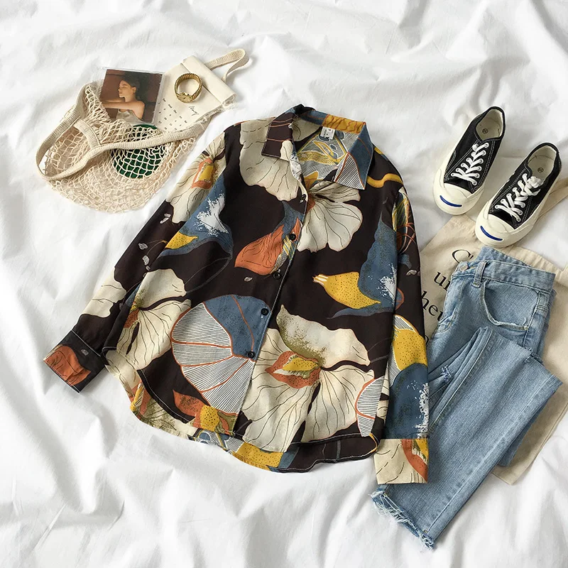 

KYQIAO women overshirt vintage long-sleeved clothes female autumn spring vintage retro turndown black print blouse shirt