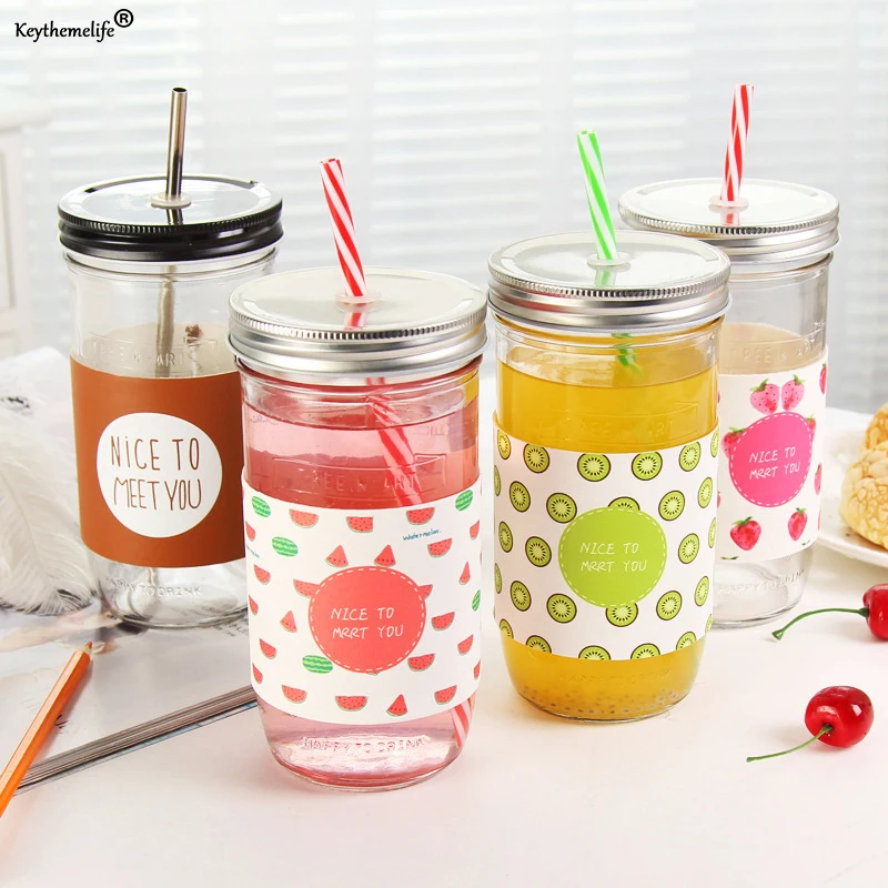 

Creative Fruit Transparent Juice Water Bottles Mason Jar Lemon Water Bottles with Straw Sport Water Bottle B