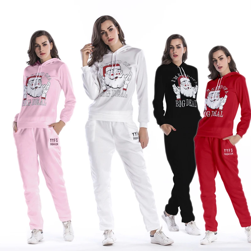 

Autumn New Woman Suit Two Piece Sports Suit Santa Claus Print Large Size Women's Suit Loose Hooded Sweater Trousers