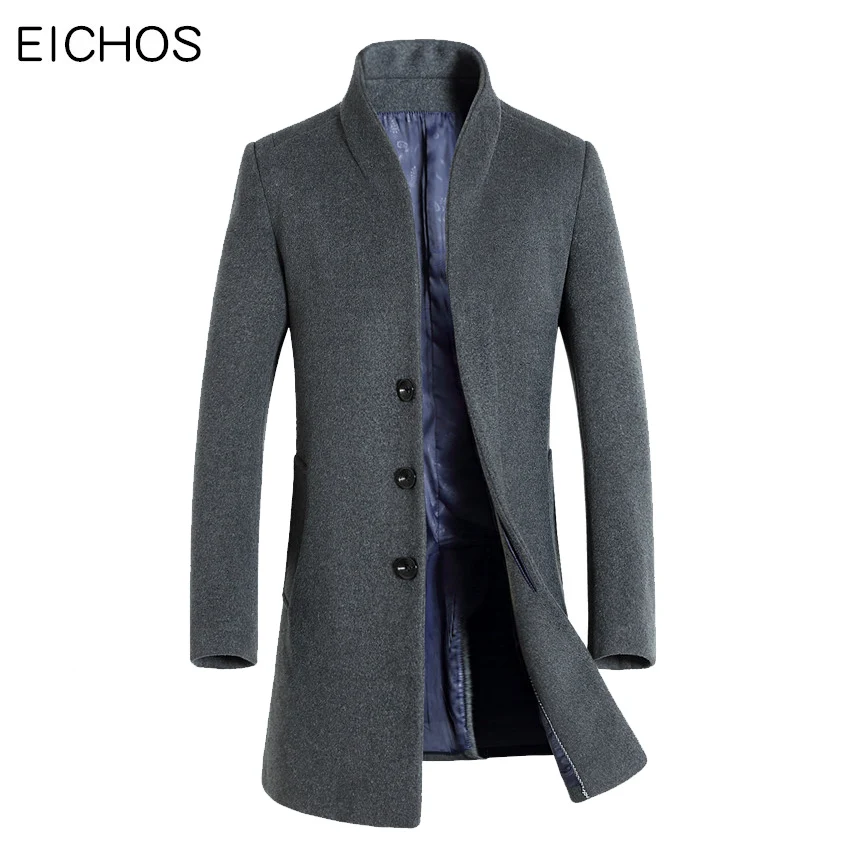 

EICHOS 2018 High quality Autumn Men 's Woolen Jacket Slim Windbreaker Mens Cashmere Coat Solid Color long Wool Coat Men